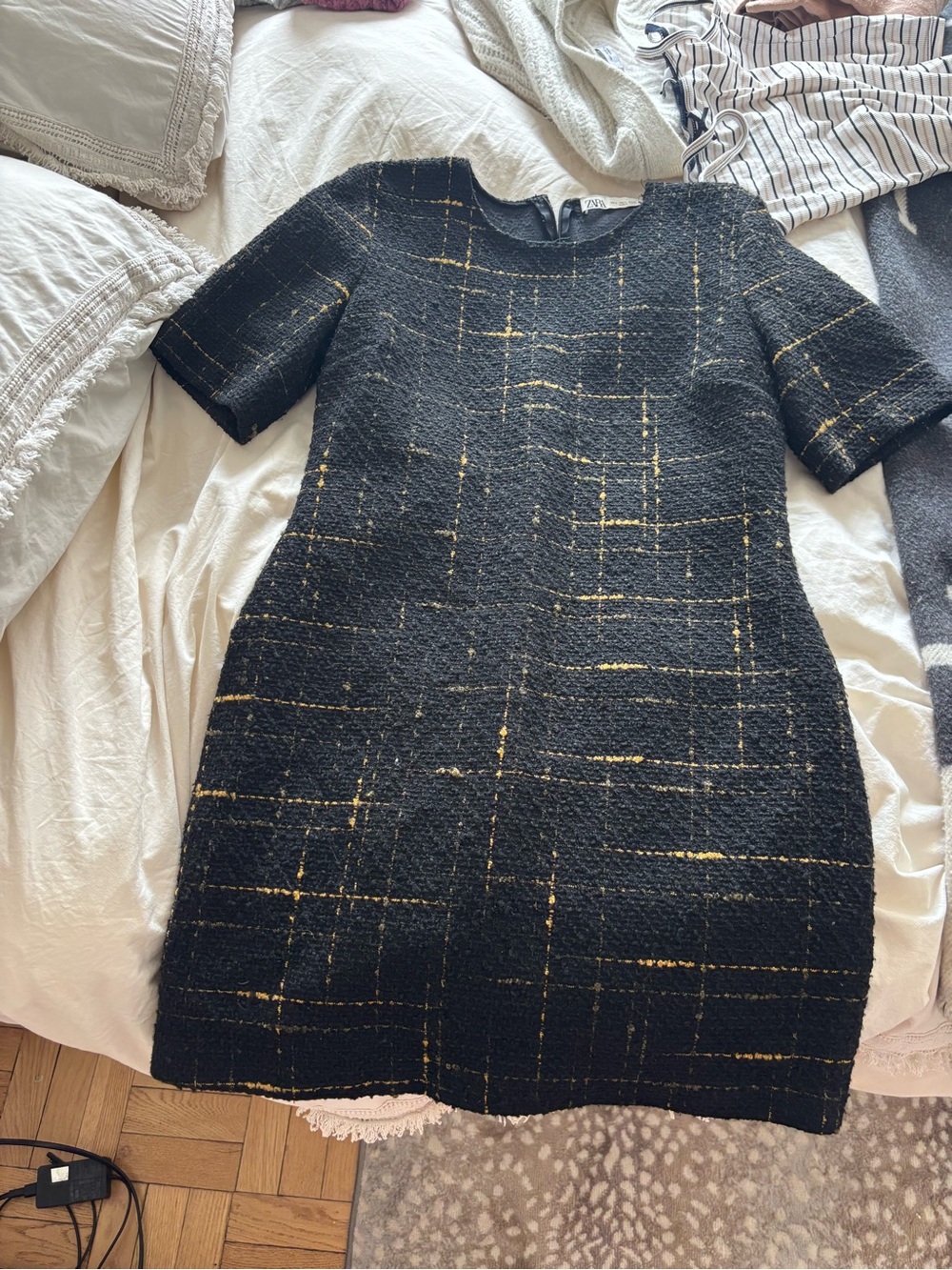 Zara Black Tweed Midi Dress with Gold Thread